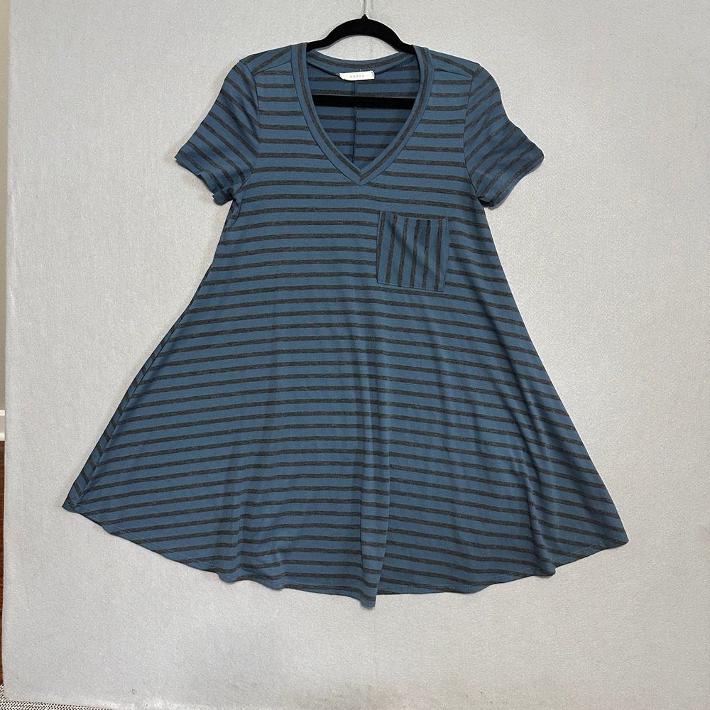 Entro Blue Grey Striped‎ V-Neck Swing Dress Short Sleeve Pocket Mini Small